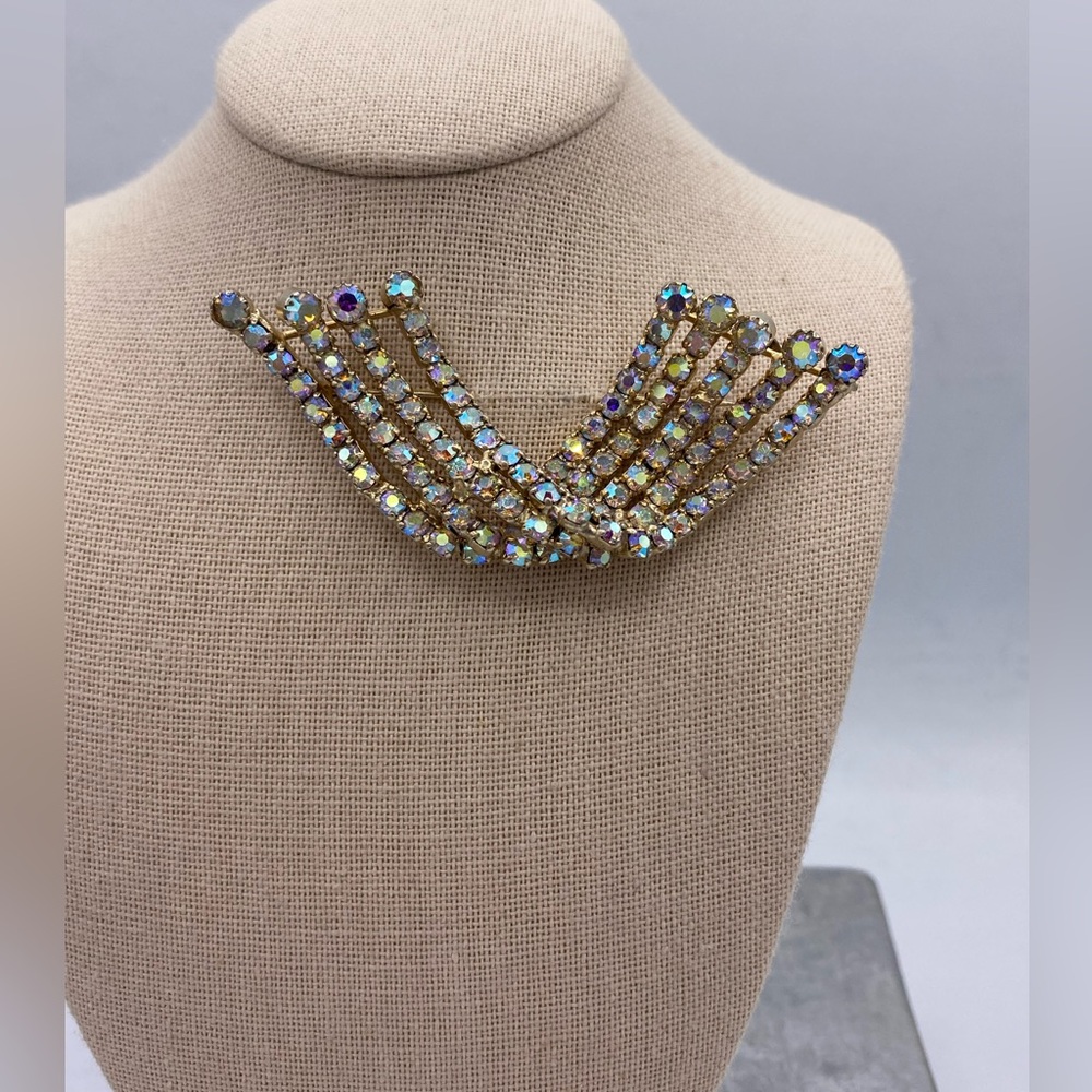 Vintage Continental Aurora Borealis Rhinestone Gold Tone Signed Unusual Brooch